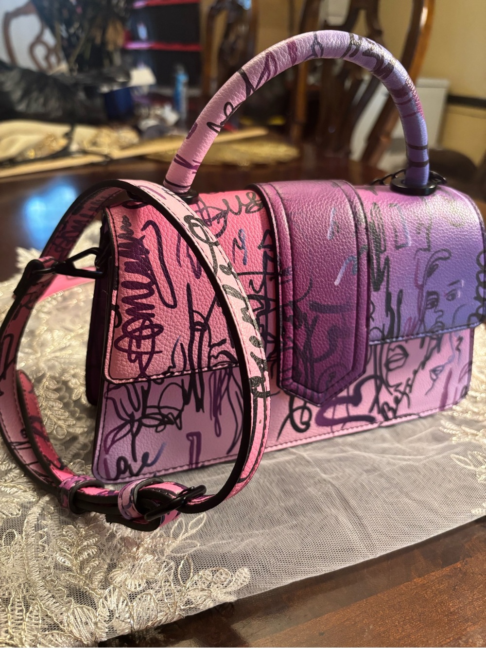 Aldo Pink and Purple Graffiti Satchel - Picture 8 of 10